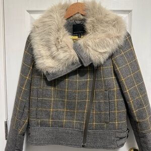 Banana Republic Gray Teddy Jacket with Cream Faux Fur Collar